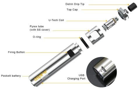 Component view of the Aspire Pockex E-cig Starter Kit