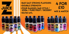 Collection of colorful vape juice bottles advertised as ’4 for £10’’ with different flavor ranges.