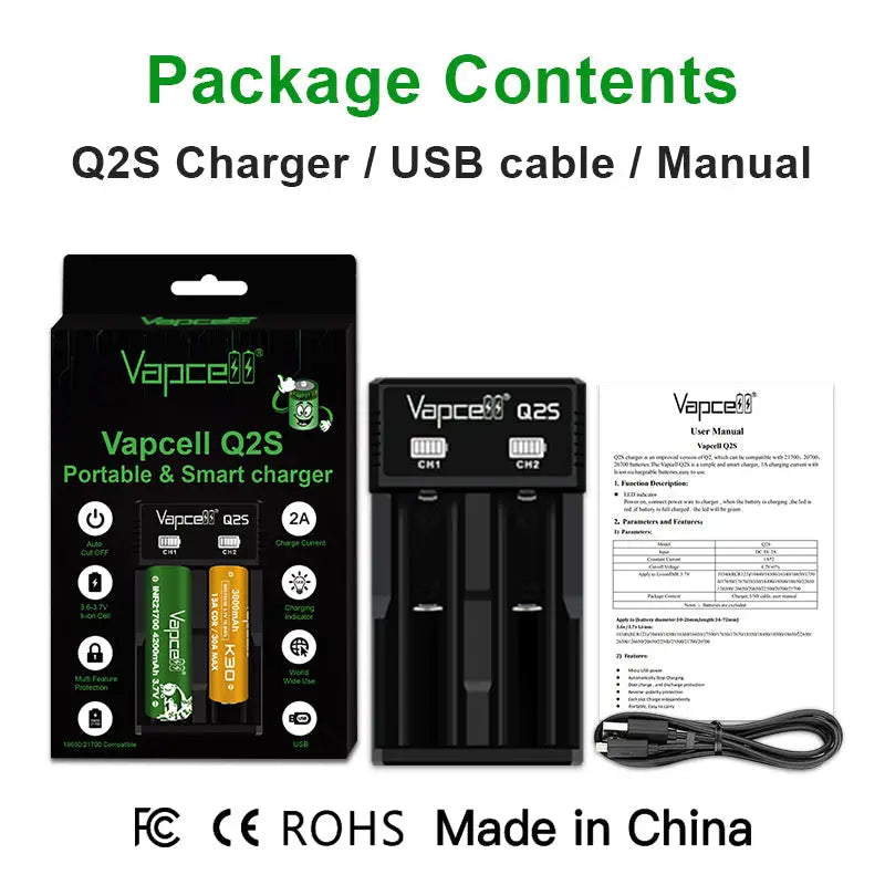 contents list for vapcell q2s battery charger